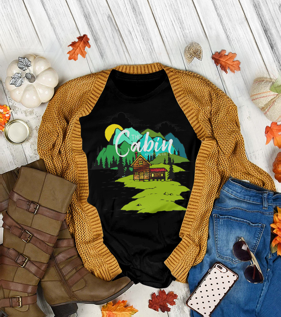 The Cabin Adventure Co on Lake with Mountain and Sun Scene T-Shirt
