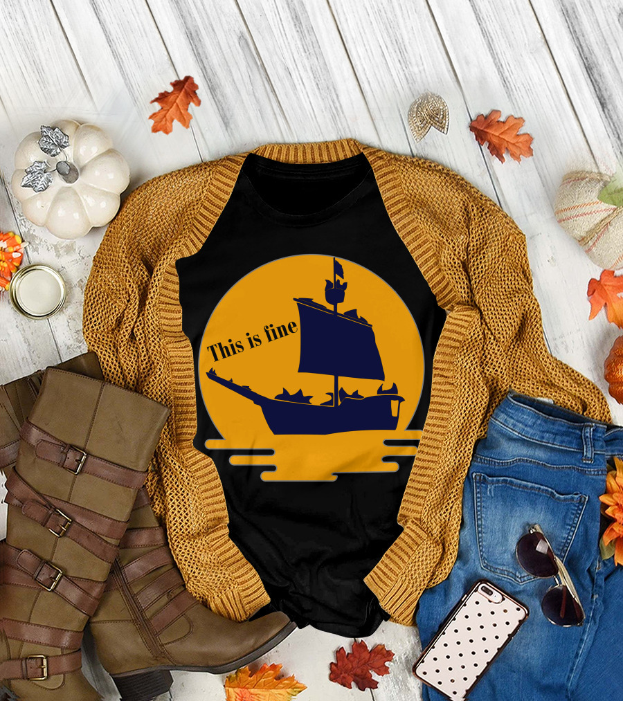 This Is Fine Meme Ship Silhouette in Sunset Scene T-Shirt