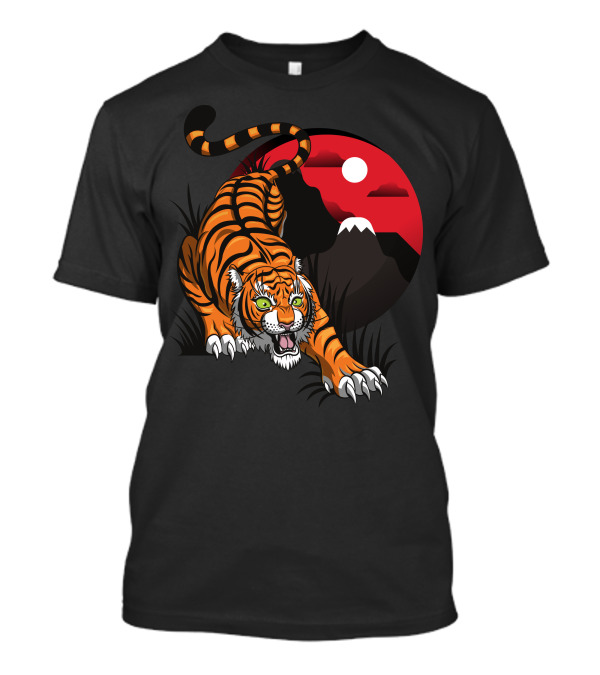 Tiger Roaring Against Red Sunset And Mountain T-Shirt