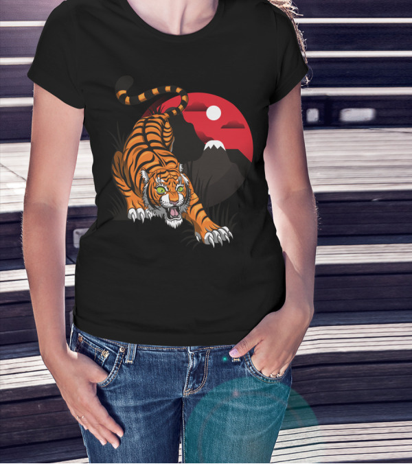 Tiger Roaring Against Red Sunset And Mountain T-Shirt