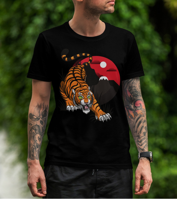 Tiger Roaring Against Red Sunset And Mountain T-Shirt