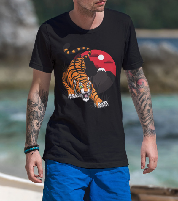 Tiger Roaring Against Red Sunset And Mountain T-Shirt