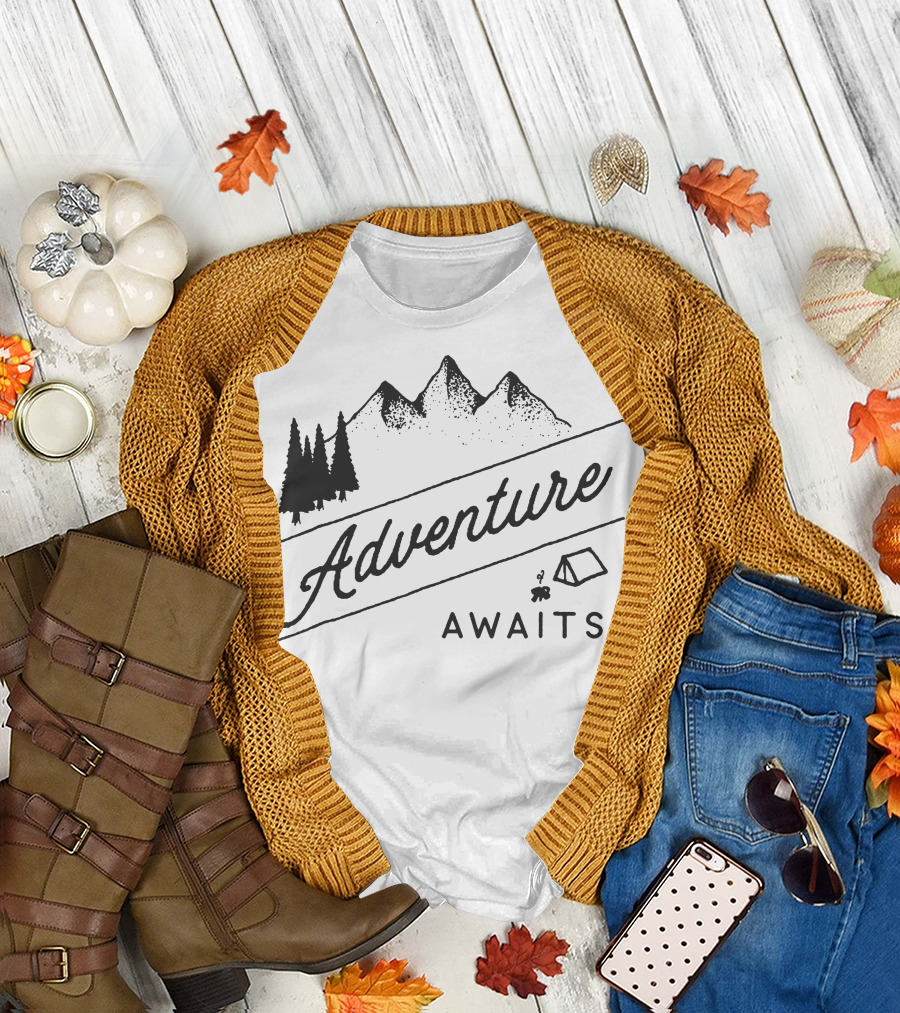 Adventure Awaits Mountains Camping Tent Campfire Pine Trees T-Shirt