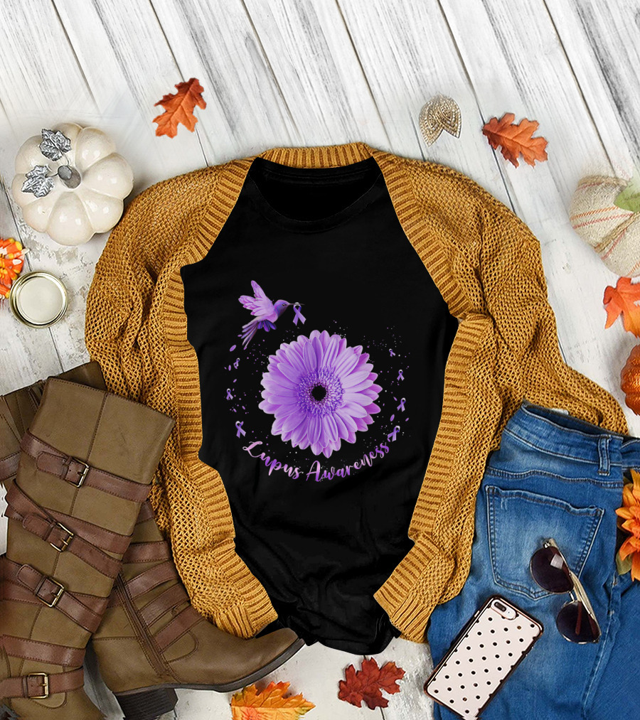 Lupus Awareness Hummingbird Purple Sunflower T-Shirt