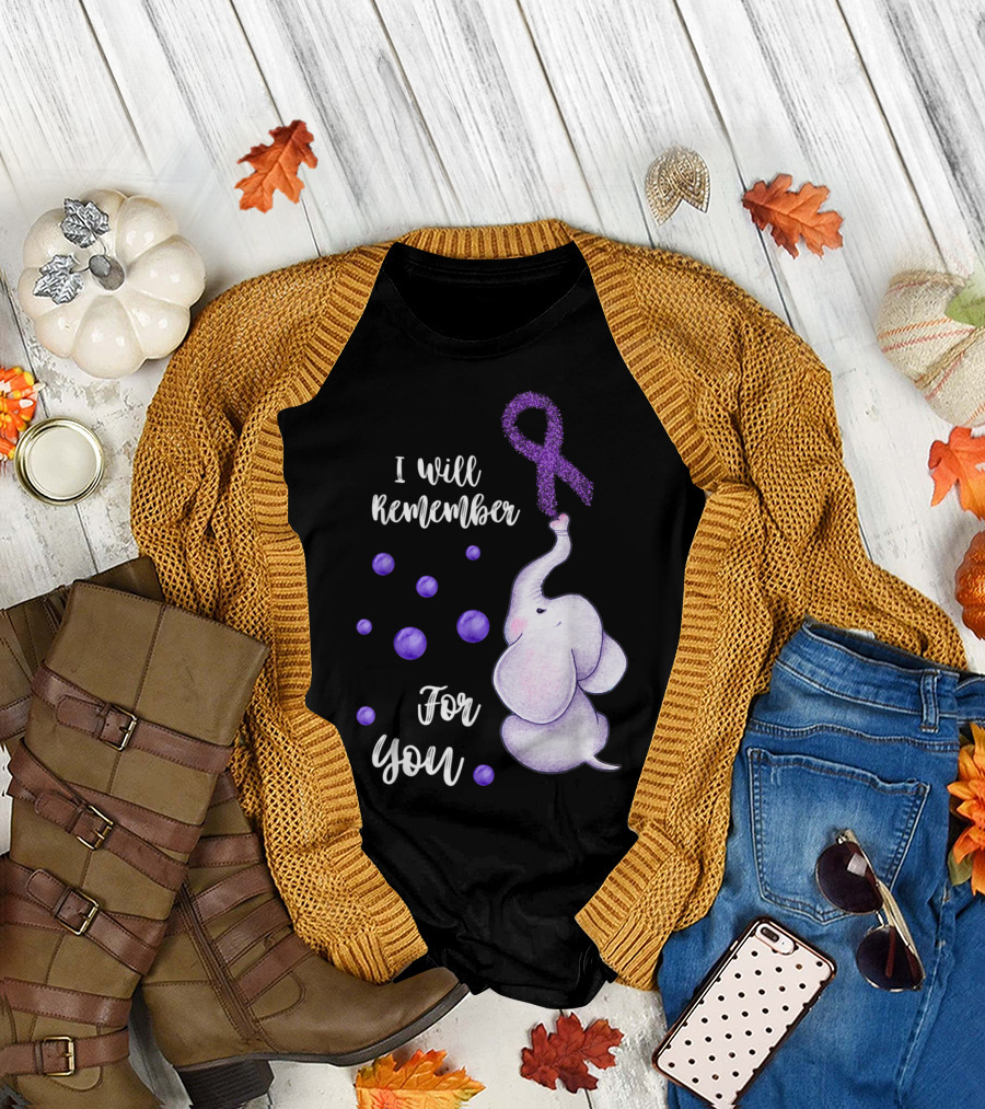 Purple Ribbon Elephant I Will Remember For You Alzheimer's Awareness T-Shirt