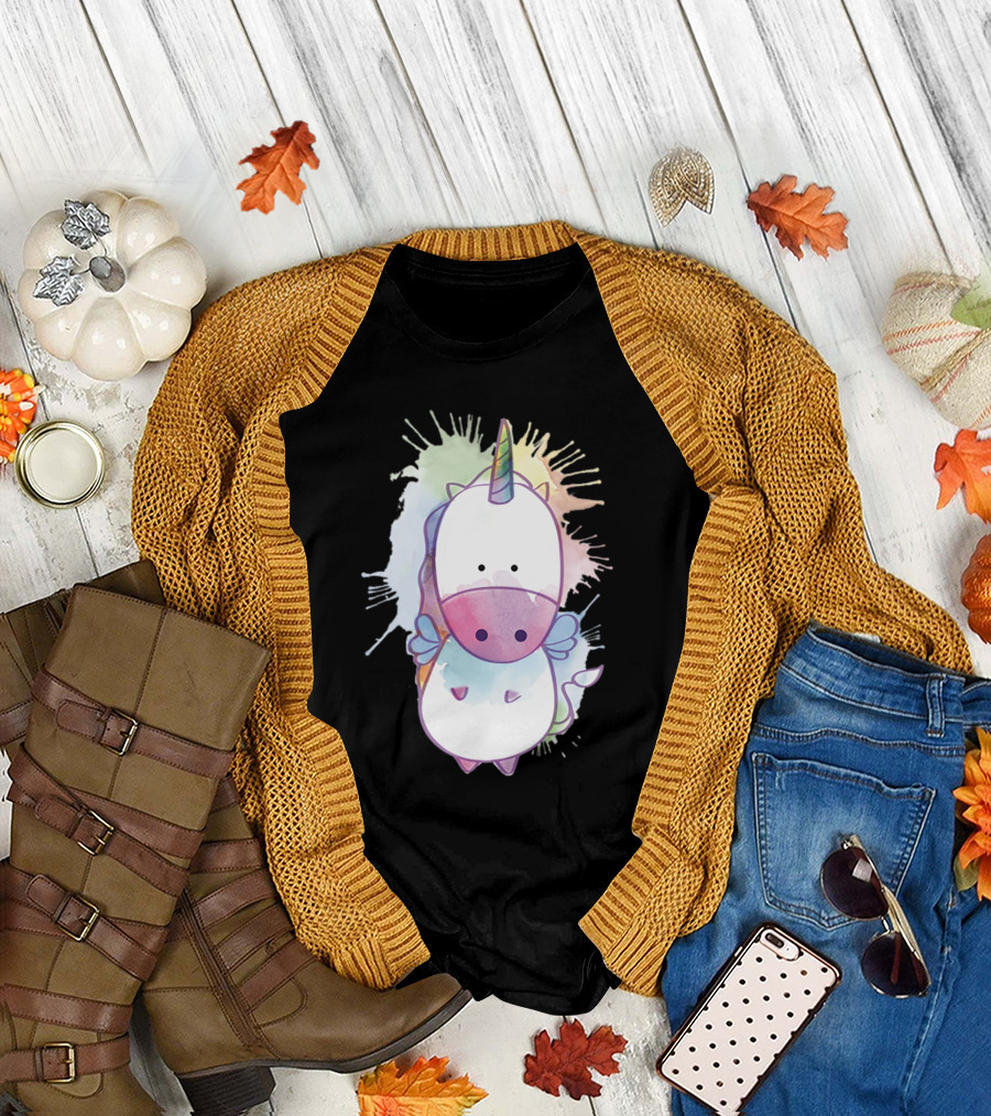 Whimsical Watercolor Pastel Unicorn with Colorful Splash Background T-Shirt