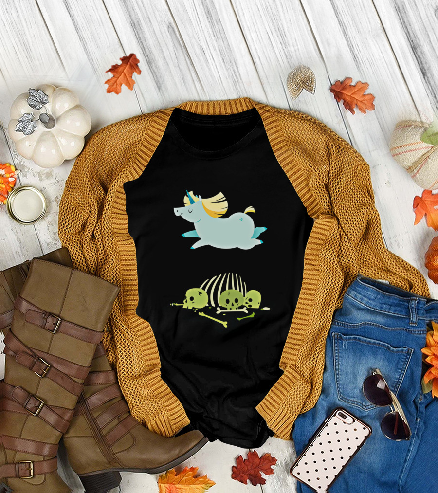 Chubbycorn Unicorn Leaping Over Skeletons T-Shirt