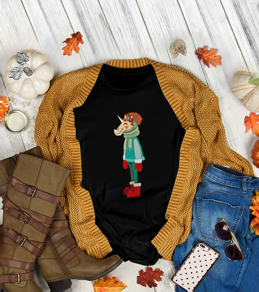 Cozy Scarf Unicorn with Red Mittens and Winter T-Shirt