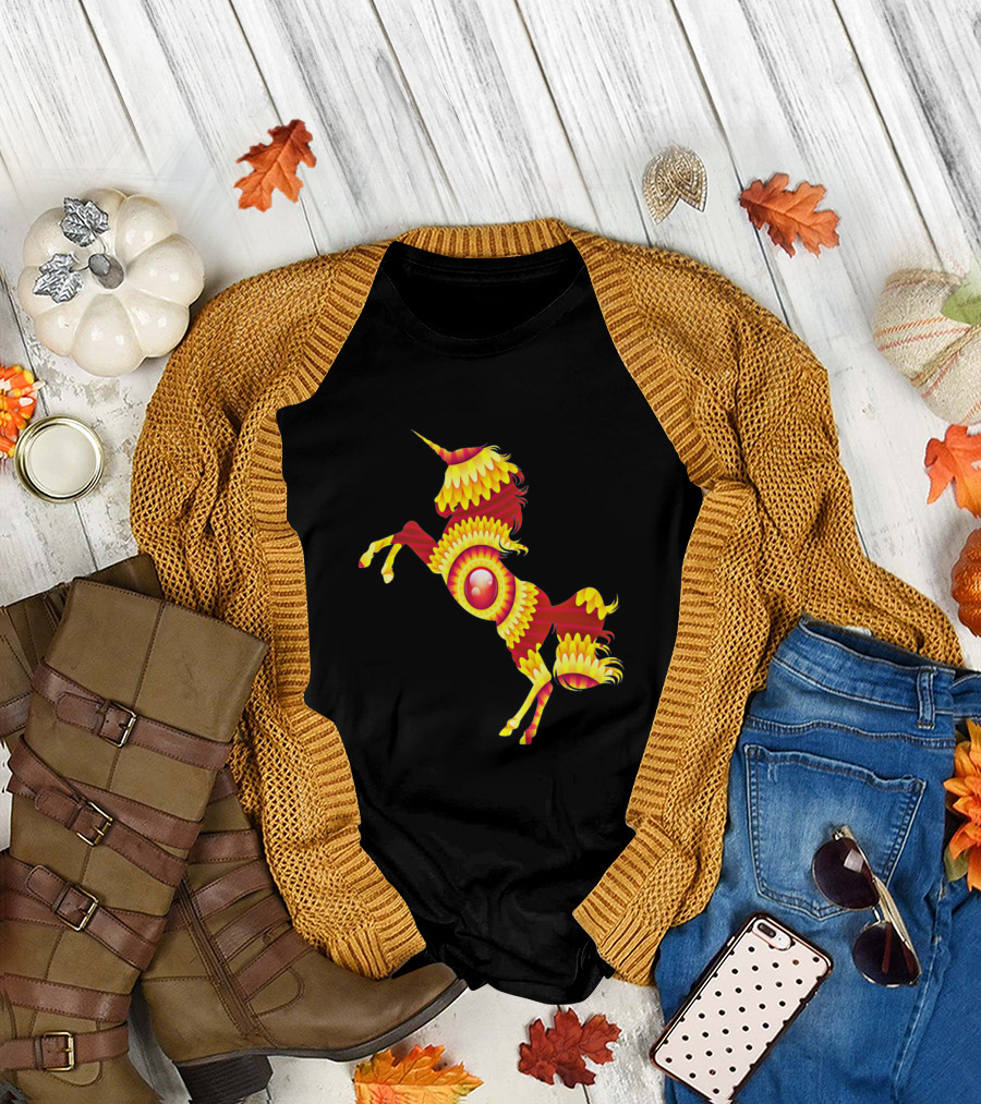 Fire Flower Unicorn Strange Cool Bright Mythical Creature with Vibrant Red and Yellow T-Shirt