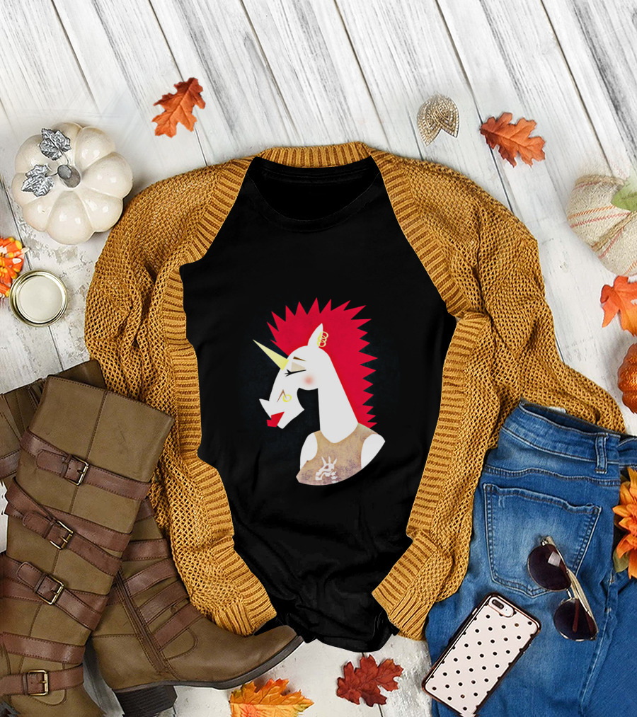 Punk Rock Unicorn with Red Mohawk and Spiked Collar in T-Shirt