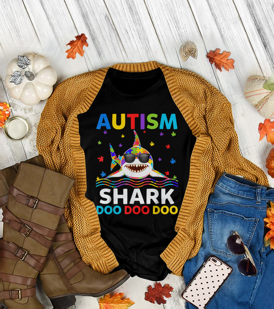 Autism Puzzle Shark Doo Doo Doo Awareness Fun With Sunglasses T-Shirt