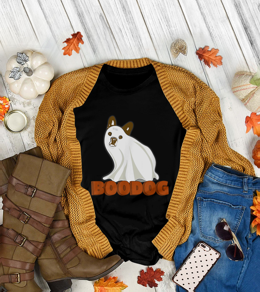 Boo Dog Costume Cute Bulldog Ghost Costume Under Sheet Halloween Fun T-Shirt