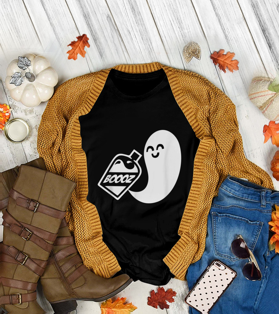 Booz Boo Ghost Holding Booz Halloween Party Drinking Spirits T-Shirt