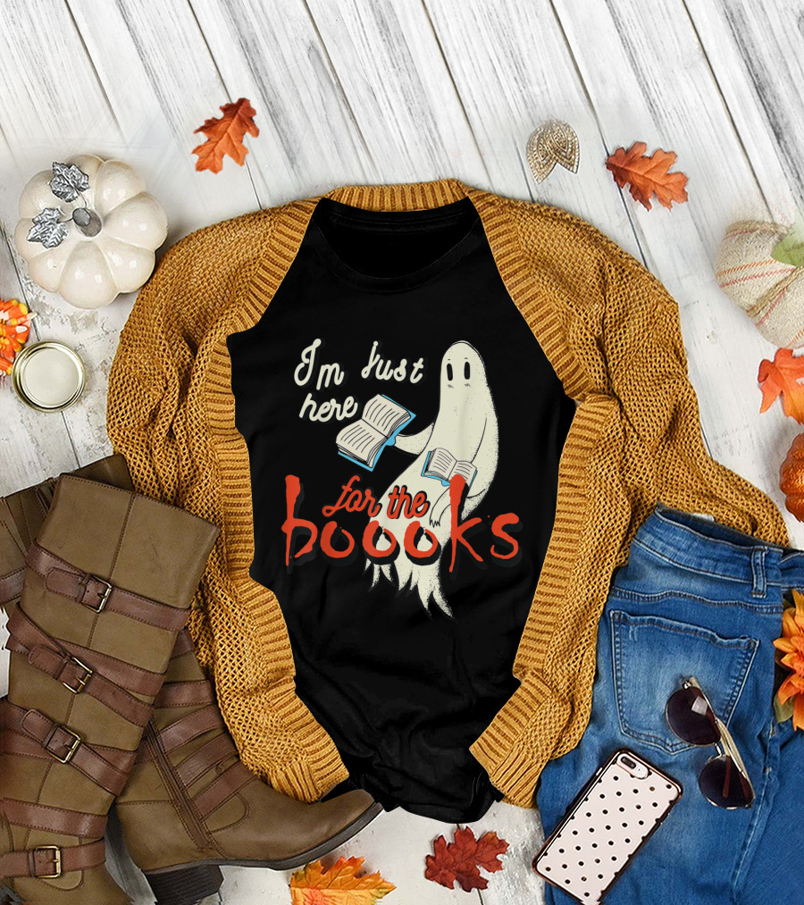 Ghost Holding Books I'm Just Here for the Booooks T-Shirt