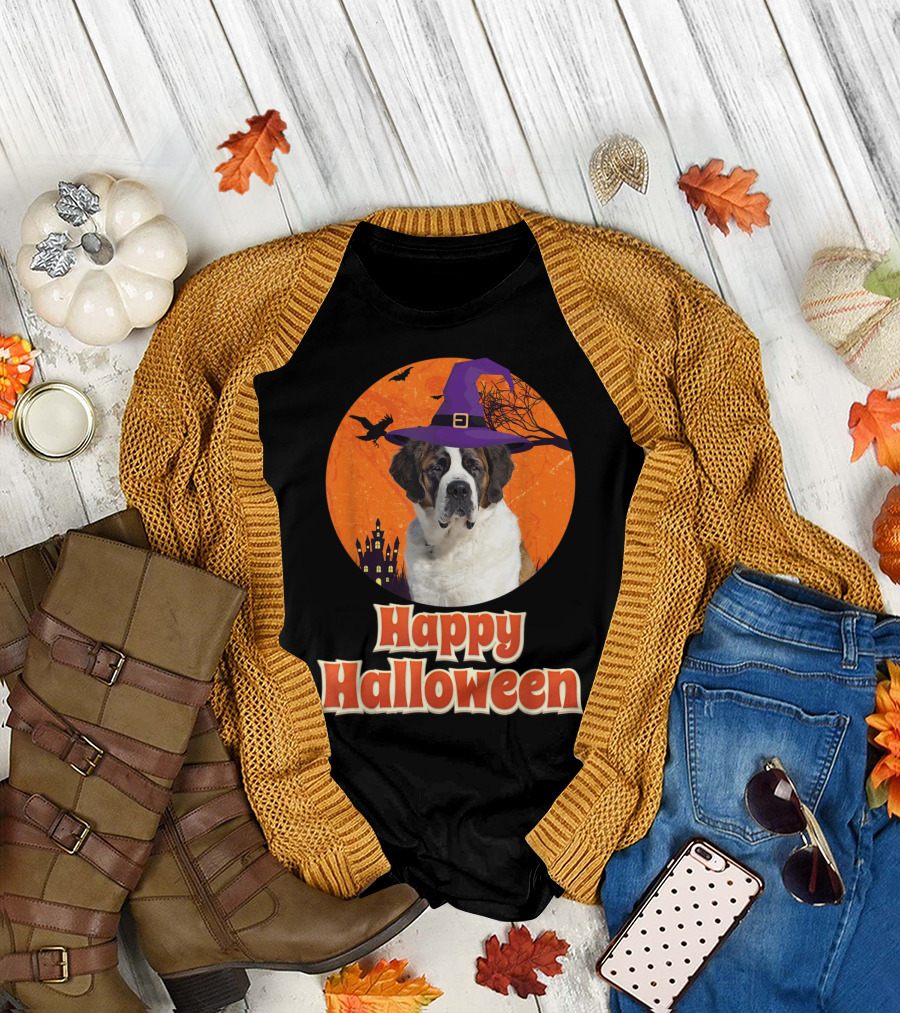 Happy Halloween St. Bernard Dog Witch Hat Pumpkin Castle Ghosts Spooky Night T-Shirt