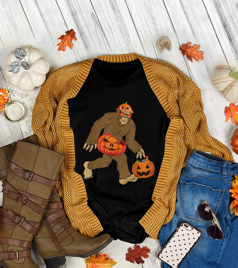 Sasquatch Bigfoot Halloween Pumpkin Bag with Candy and Sunglasses T-Shirt