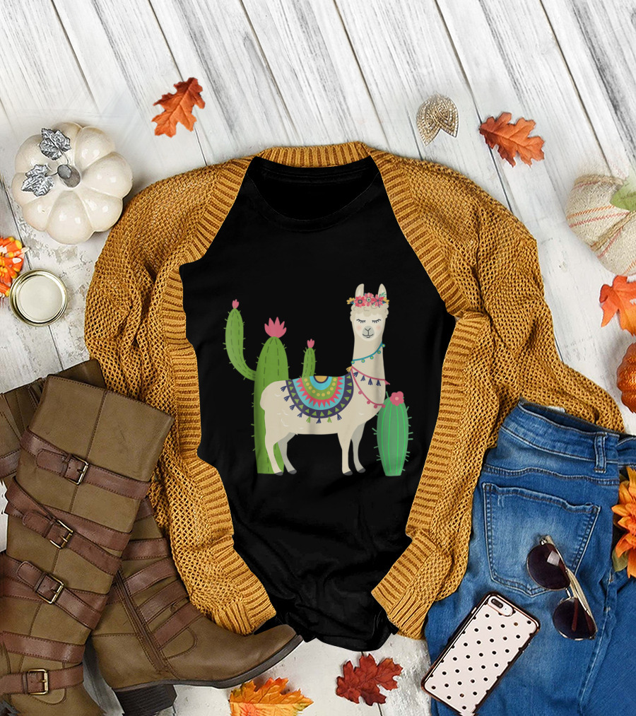 Llama Lover Adorned With Colorful Blanket, Flowers, and Cactus T-Shirt