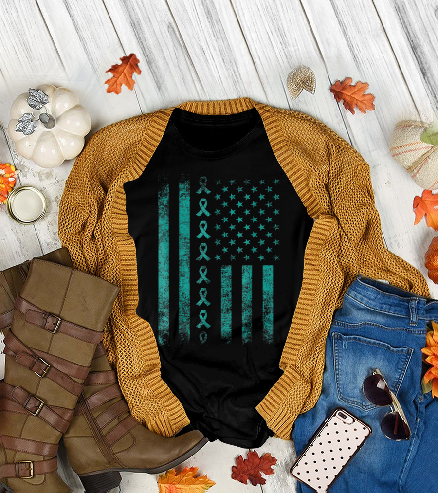 Ovarian Cancer Awareness Teal Ribbon American Flag T-Shirt