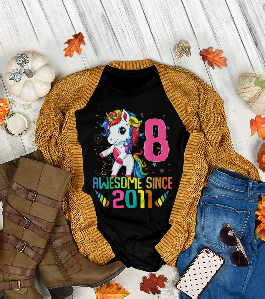 Awesome Since 2011 8 Year Old Birthday Unicorn Party T-Shirt