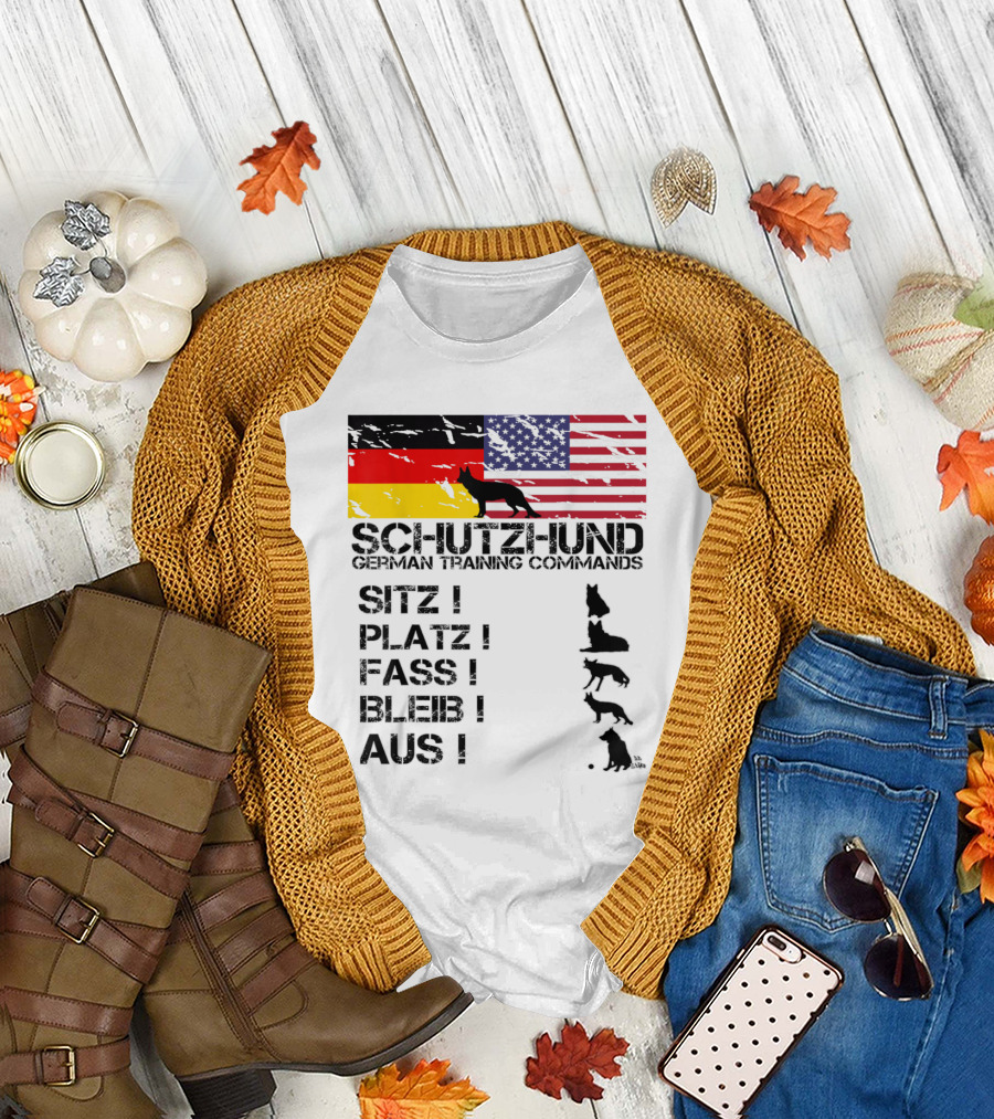 German Shepherd Schutzhund German Training Commands American and German Flags T-Shirt