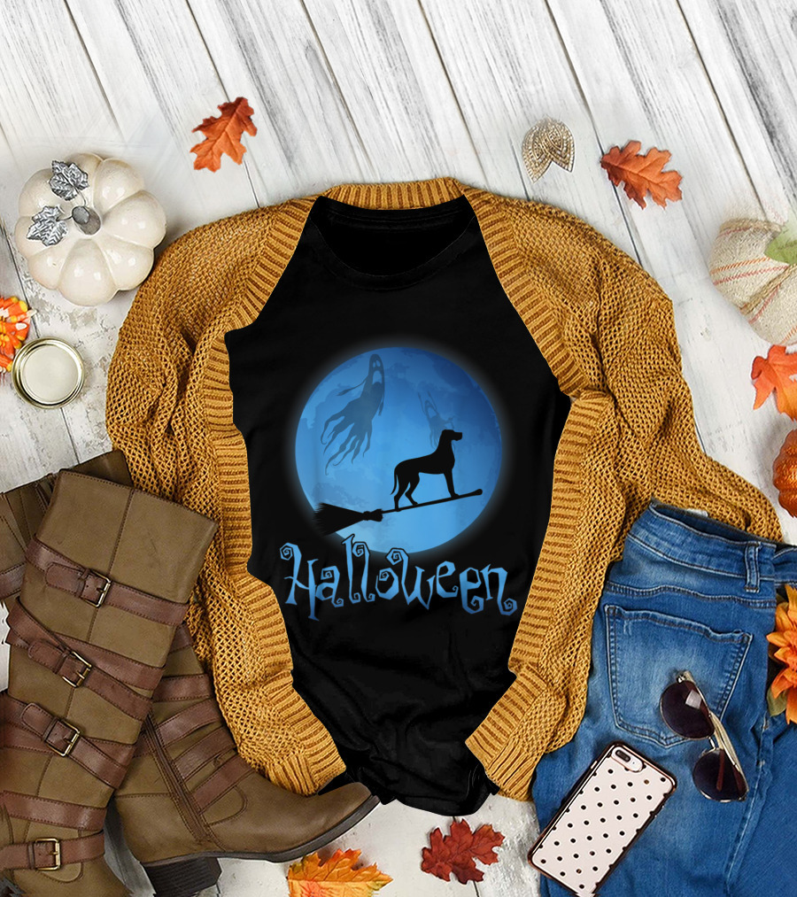 Halloween Great Dane Broomstick Moon Ghost T-Shirt
