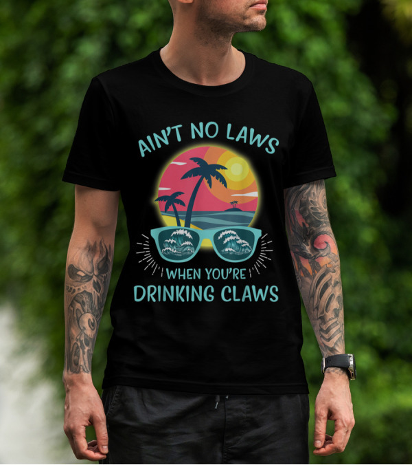 Ain't No Laws When You're Drinking Claws Sunglasses And Palm Trees Sunset T-Shirt