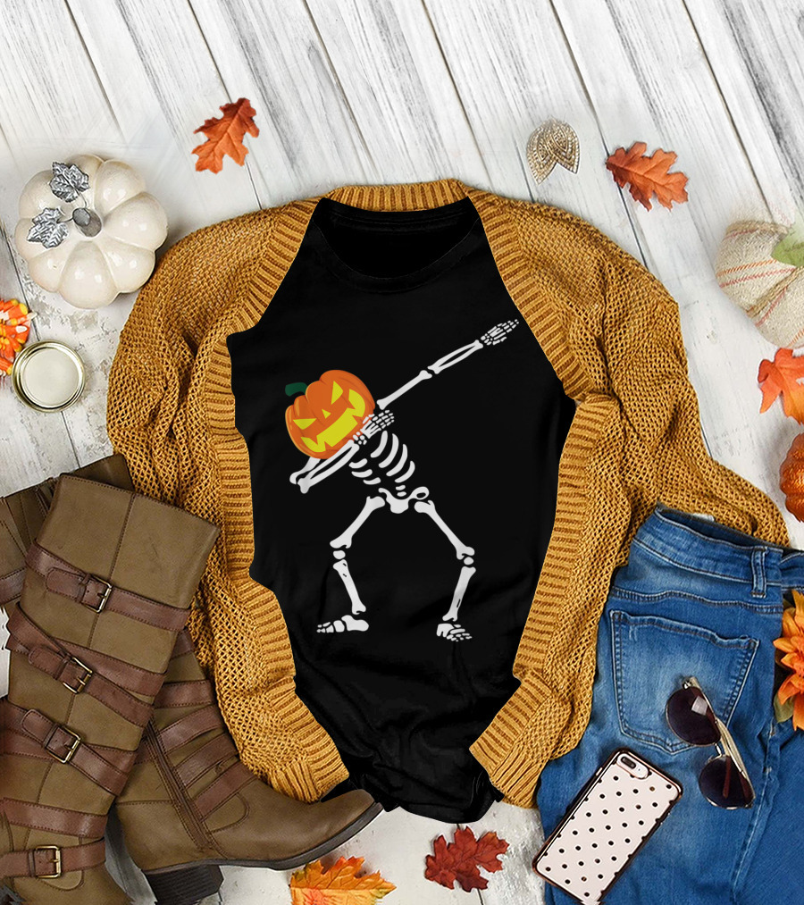 Cute Dabbing Skeleton Pumpkin Head Jack O Lantern Face T-Shirt