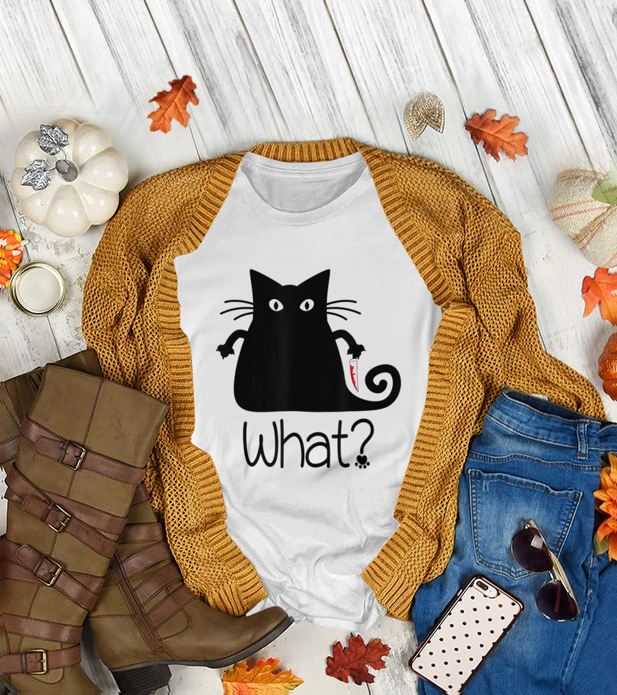 What Funny Black Cat With Knife T-Shirt