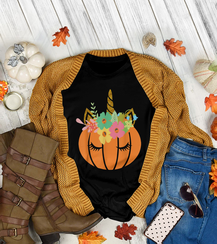 Cute Unicorn Pumpkin with Glittering Horn and Floral Crown T-Shirt