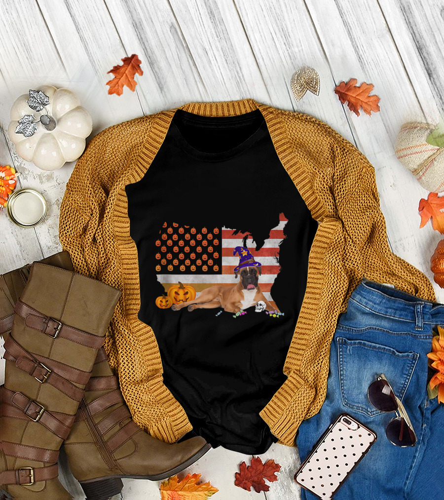 Boxer Dog Wearing Witch Hat with Halloween Pumpkins on USA Flag Map T-Shirt