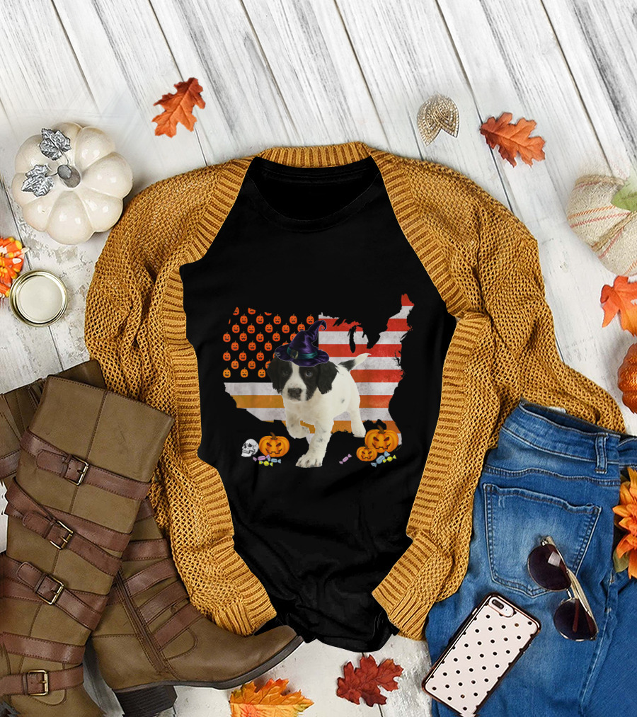 Sprollie Dog in Witch Hat Halloween USA Flag with Pumpkins and Candy T-Shirt
