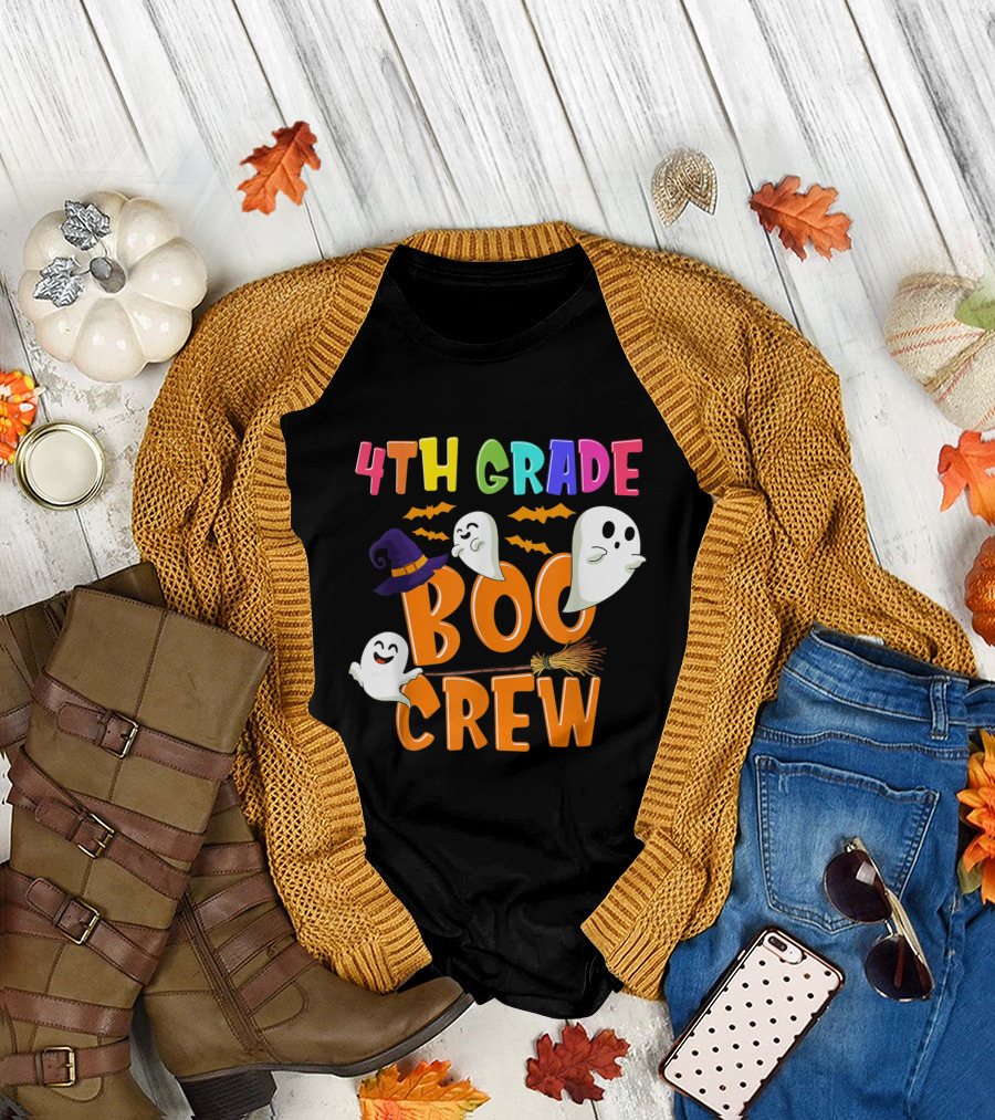 4th Grade Boo Crew Halloween Ghosts and Witch Hat T-Shirt