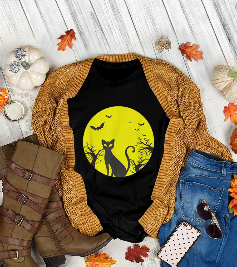 Halloween Cat Lover Moonlit Silhouette with Bats T-Shirt