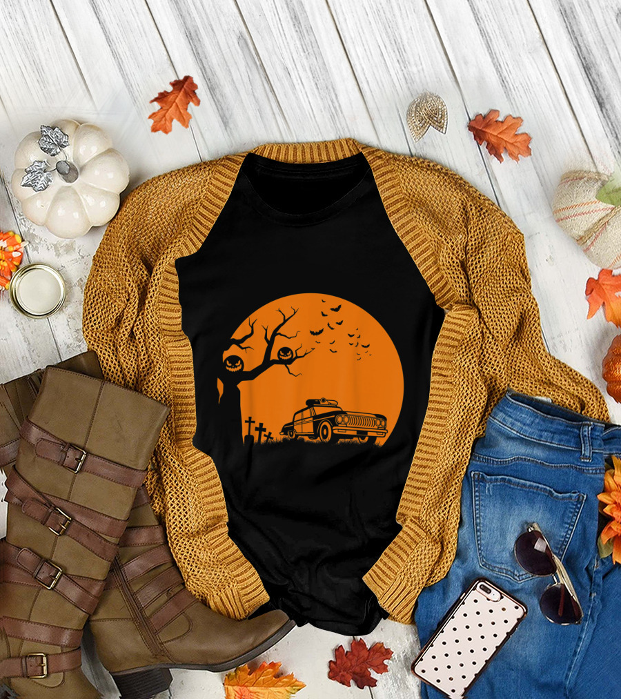 Patrol Officer Spooky Halloween Creepy Police Car Haunted Graveyard Scene T-Shirt