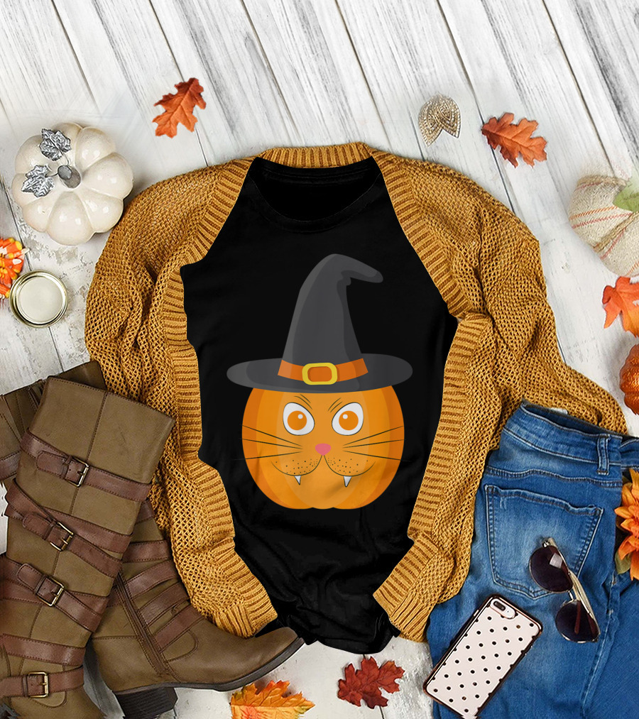 Pumpkin Cat with Witch Hat Halloween Costume T-Shirt