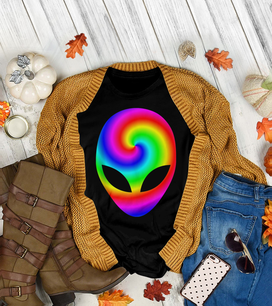 Alien Head Psychedelic Rainbow Spiral Festival Rave T-Shirt