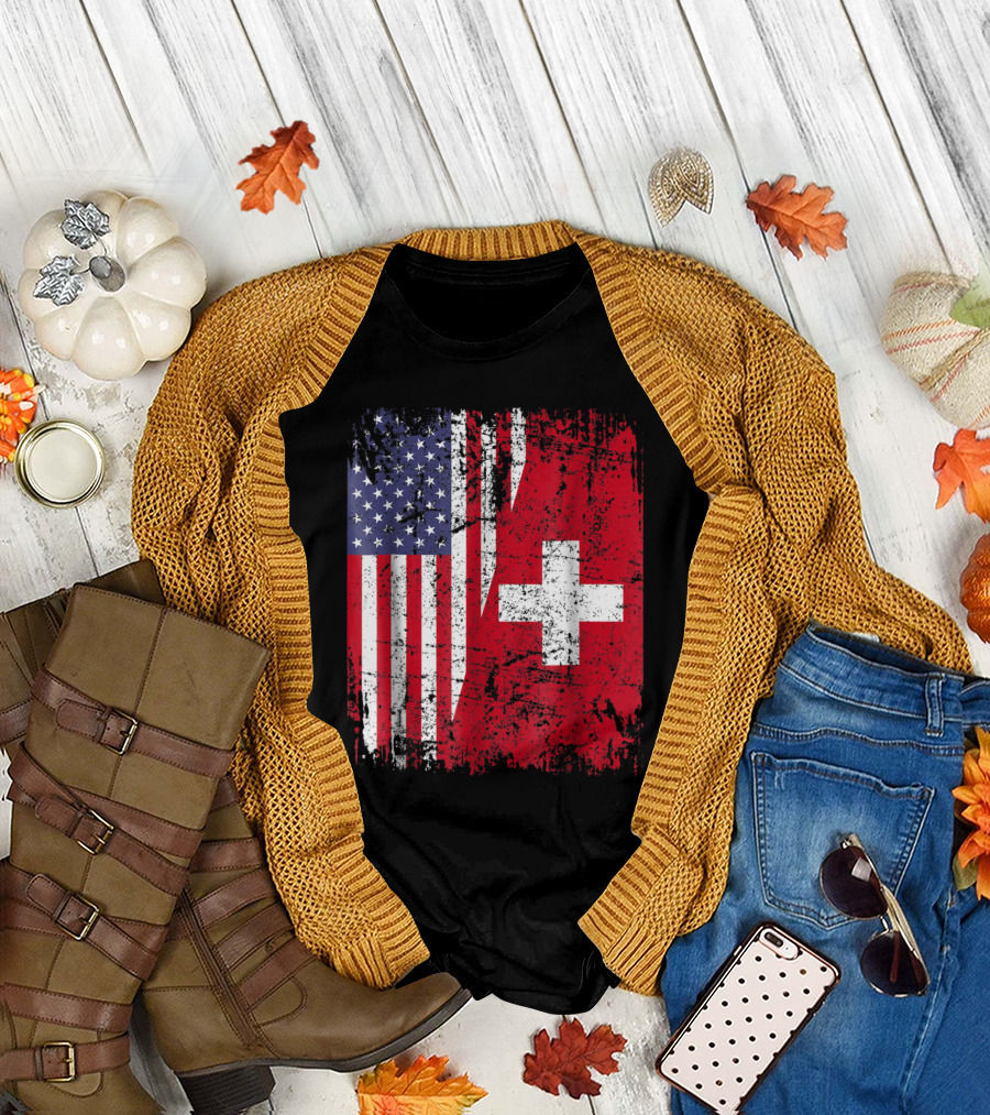 SWISS ROOTS American Flag Grunge Switzerland Cross T-Shirt
