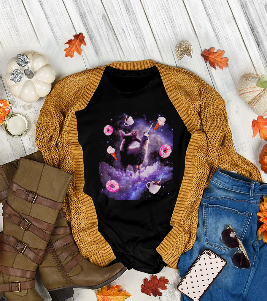 Outer Space Sloth Riding Llama Unicorn with Donut Coffee and Ice Cream Galaxy T-Shirt