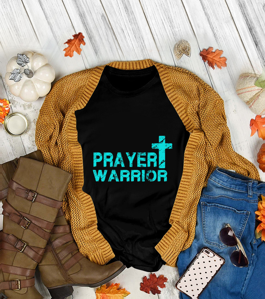 Prayer Warrior Distressed Cross Christian Faith T-Shirt