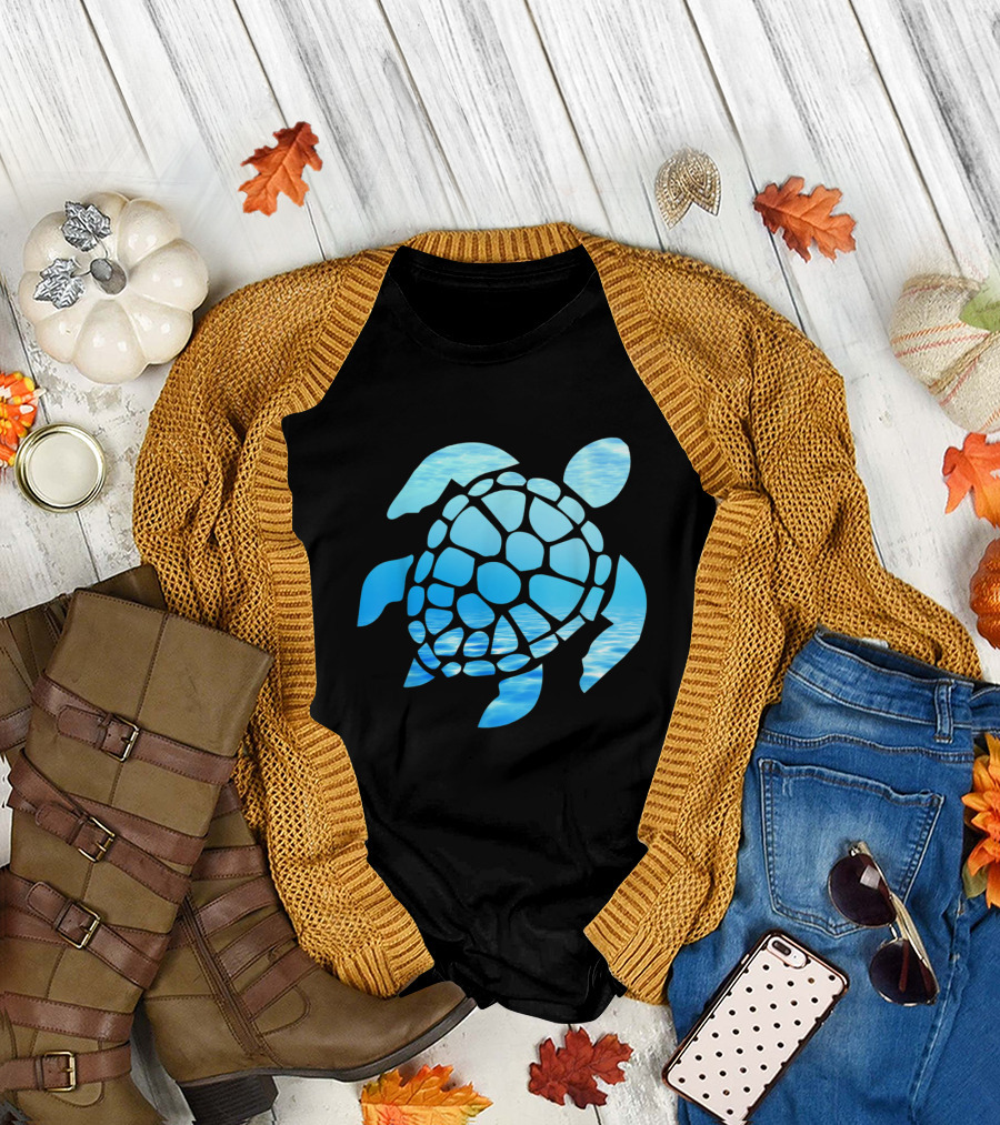 Sea Turtle Silhouette with Ocean Blue Water T-Shirt