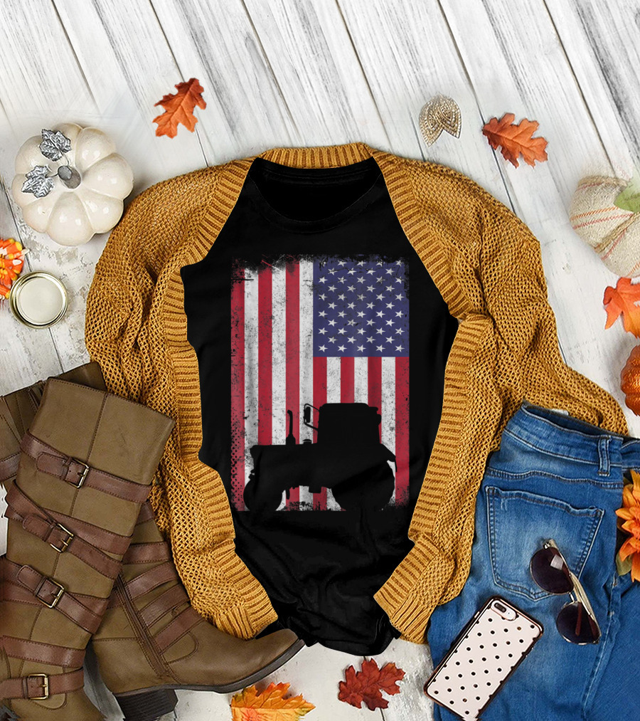 Vintage Tractor Silhouette on Distressed American Flag Patriotic Farming T-Shirt
