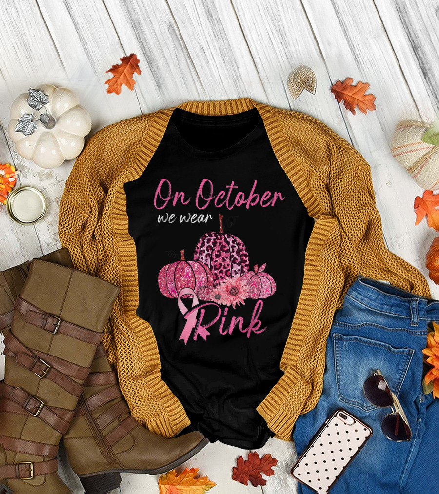 On October We Wear Pink Pumpkin Leopard Breast Cancer Awareness T-Shirt