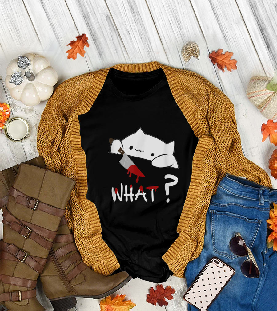 Bongo Cat What Funny Halloween Cat with Bloody Knife T-Shirt
