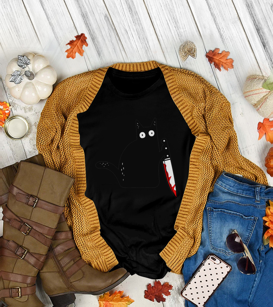 Funny Black Cat Murderous Cat With Knife What T-Shirt