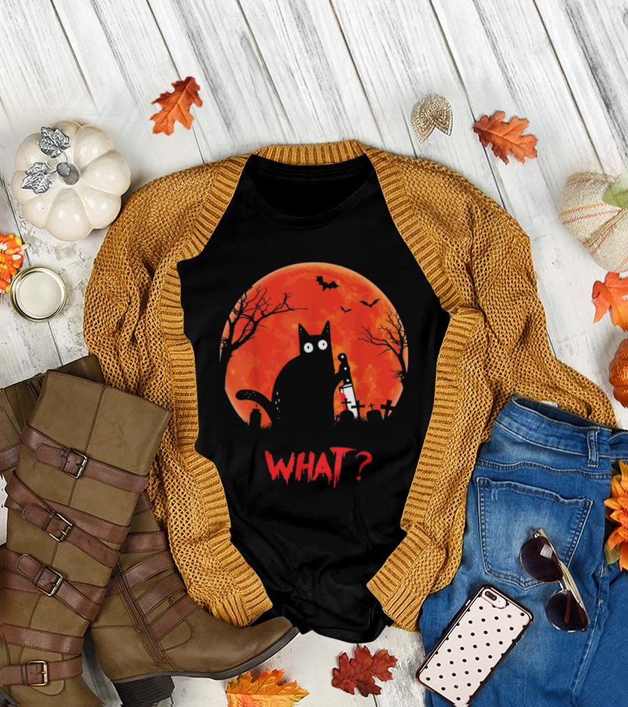 What Murderous Cat Holding Knife Halloween Moon T-Shirt