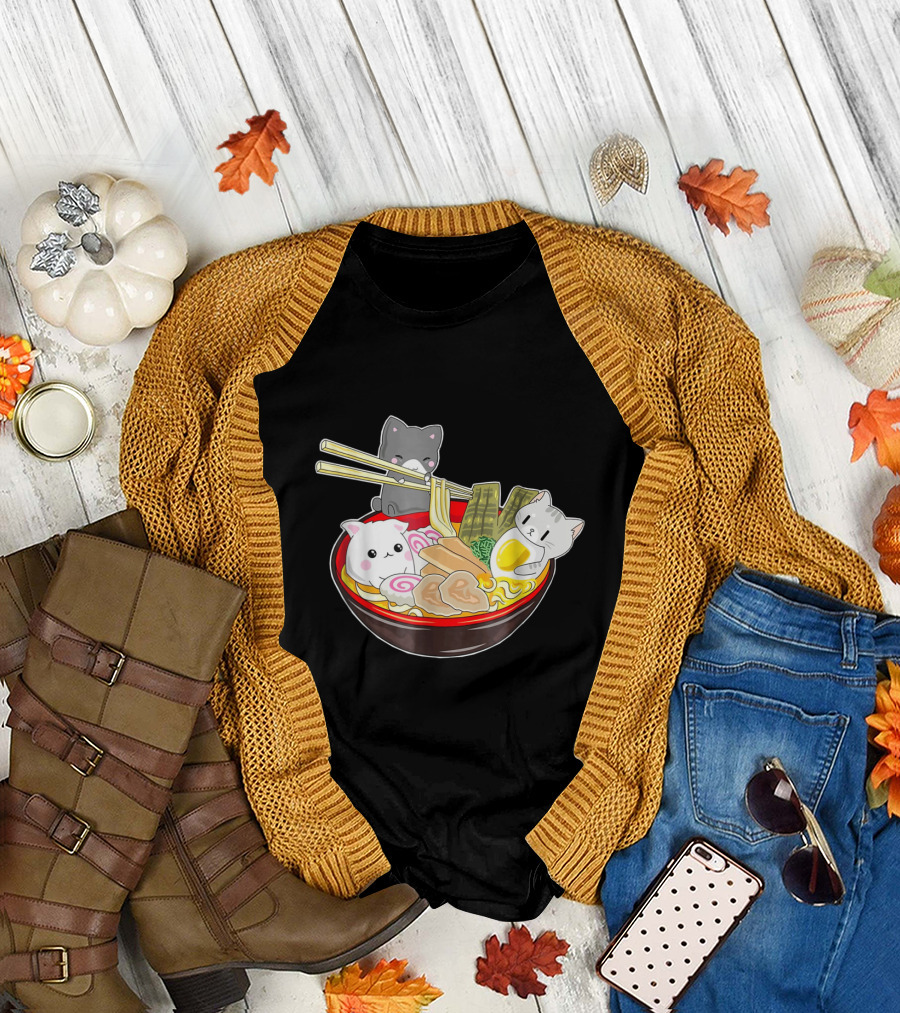 Great Kawaii Japanese Anime Noodle Bowl with Cute Cats T-Shirt