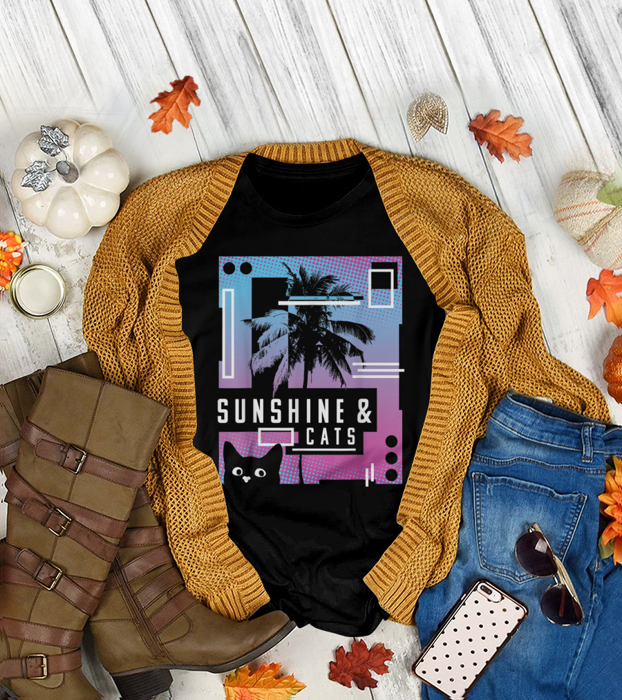Sunshine and Cats Vaporwave 90's Aesthetic with Palm Trees T-Shirt