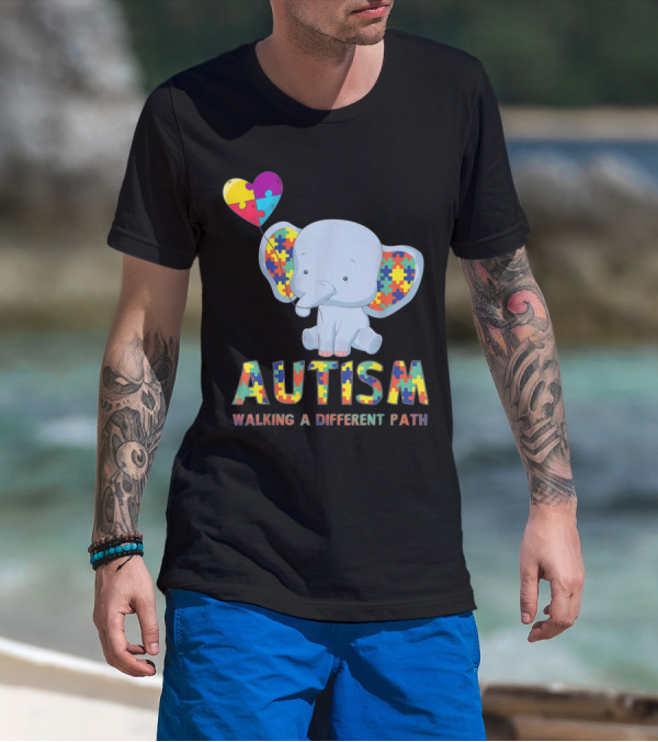 Autism Elephant Holding Puzzle Heart Walking A Different Path T-Shirt