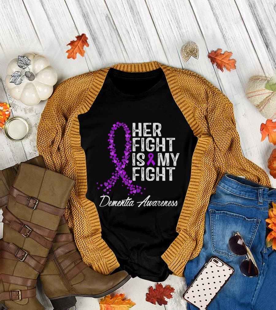 Her Fight Is My Fight Dementia Awareness Purple Ribbon Hearts T-Shirt