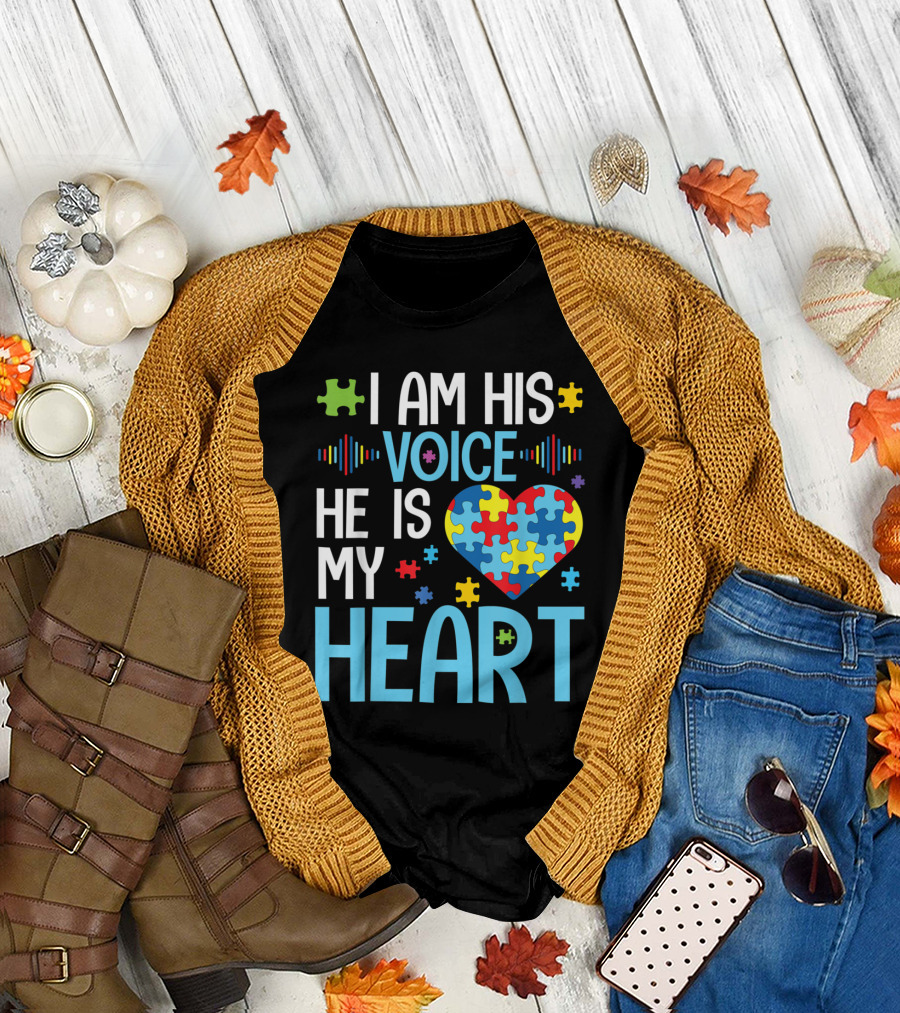 I Am His Voice He Is My Heart Autism Puzzle Heart Awareness T-Shirt